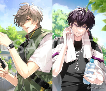  2boys :d black_hair black_jacket bottle brown_hair building cellphone cloud commentary_request copyright_notice crossed_bangs day ear_piercing earrings eyes_visible_through_hair fangs green_eyes green_jacket hair_between_eyes hair_over_one_eye holding holding_bottle holding_phone jacket jacket_on_shoulders jewelry looking_at_viewer male_focus mole mole_under_eye mountain multicolored_jacket multiple_boys nijisanji official_art oliver_evans open_mouth outdoors parted_lips phone piercing print_shirt purple_eyes saiki_ittetsu sample_watermark shirt short_hair short_sleeves sideways_glance sleeveless sleeveless_jacket smartphone smile stud_earrings sweat t-shirt teeth towel towel_around_neck track_jacket tree upper_body upper_teeth_only virtual_youtuber wand3754 watch water_bottle watermark white_jacket white_shirt wiping_sweat wristwatch zipper 