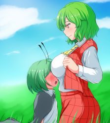 2girls antennae ascot blush breast_smother breasts cape cloud full-face_blush green_hair head_between_breasts head_on_chest height_difference kazami_yuuka large_breasts long_sleeves looking_at_another looking_down multiple_girls open_mouth plaid plaid_skirt plaid_vest profile red_eyes sadahiro_(chicken_nugget_gyuuniku_aji) shirt short_hair skirt skirt_set sky smile sweat teikou touhou vest wriggle_nightbug yuri rating:Safe score:19 user:danbooru 2girls antennae ascot blush breast_smother breasts cape cloud full-face_blush green_hair head_between_breasts head_on_chest height_difference kazami_yuuka large_breasts long_sleeves looking_at_another looking_down multiple_girls open_mouth plaid plaid_skirt plaid_vest profile red_eyes sadahiro_(chicken_nugget_gyuuniku_aji) shirt short_hair skirt skirt_set sky smile sweat teikou touhou vest wriggle_nightbug yuri rating:Safe score:19 user:danbooru