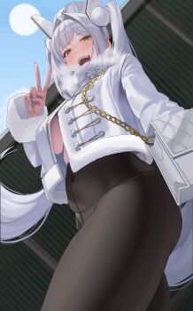  1girl absurdres bag black_pantyhose blanc_(fortune_express)_(nikke) blanc_(nikke) bottomless commentary cropped_jacket english_commentary from_below fur_trim goddess_of_victory:_nikke gong_dol_hong handbag hat highres no_bra open_mouth panties pantyhose solo twintails underwear v white_hair white_hat white_panties yellow_eyes 