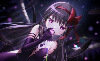  1girl akemi_homura akuma_homura armlet bare_shoulders black_collar black_hair black_wings bow center_opening collar covered_mouth cowboy_shot dark_orb_(madoka_magica) detached_collar dot_nose dress dutch_angle elbow_gloves feather_trim feathered_wings feathers game_cg gem gloves glowing_gem hair_bow hairband highres holding holding_gem jewelry jitome light_particles long_hair mahou_shoujo_madoka_magica mahou_shoujo_madoka_magica:_hangyaku_no_monogatari mahou_shoujo_madoka_magica_magia_exedra official_art purple_dress purple_eyes purple_gem purple_gloves red_bow red_hairband side_slit sidelocks solo soul_gem space spread_legs straight-on strapless strapless_dress third-party_source very_long_hair wide_spread_legs wings 