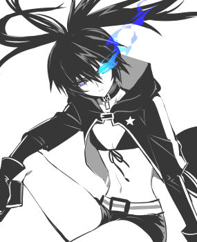  1girl absurdres belt bibabunie bikini black_choker black_gloves black_hair black_rock_shooter black_rock_shooter_(character) black_shorts blue_eyes choker commentary_request flaming_eye front-tie_bikini_top front-tie_top gloves highres long_hair no_shirt pale_skin shorts sitting swimsuit twintails uneven_twintails 