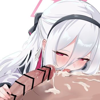  1boy 1girl absurdres bar_censor black_hairband blue_archive blush censored commentary cum cum_on_self hairband halo hetero highres kei_(blue_archive) kei_(new_body)_(blue_archive) licking long_hair penis tongue white_hair ykt_scl 