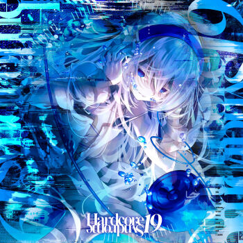  1girl album_cover bandaged_arm bandages blue_eyes blue_theme colored_skin copyright_name cover doro-c dress glitch hair_between_eyes hand_on_headphones hardcore_tano-c headphones highres j-core kei_(keigarou) long_hair looking_down official_alternate_eye_color official_art second-party_source solo tamio_iwaya white_dress white_hair white_skin 