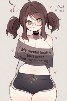  +_+ 1girl :3 absurdres ahoge bare_shoulders black_choker black_shorts breasts brown_eyes brown_hair choker cleavage commentary dolphin_shorts english_commentary english_text grey_background grey_shirt heart heart-shaped_lock heart_ahoge heart_choker heart_pendant highres huge_ahoge huge_breasts indie_virtual_youtuber looking_at_viewer navel off-shoulder_shirt off_shoulder pale_skin shirt short_hair short_sleeves shorts sidelocks simple_background sky_above_me sky_above_me_(vtuber) solo text_print thighs twintails virtual_youtuber wide_hips 