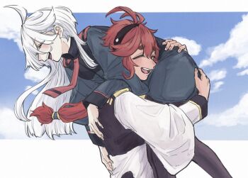  2girls ahoge asticassia_school_uniform black_hairband black_pantyhose blue_sky blush carrying_over_shoulder closed_eyes cloud commentary_request green_jacket green_shorts grey_hair gundam gundam_suisei_no_majo hair_between_eyes hairband ichi27ichi jacket laughing long_hair long_sleeves low_ponytail miorine_rembran multiple_girls necktie pantyhose ponytail red_hair red_necktie school_uniform shorts sky suletta_mercury thick_eyebrows white_jacket yuri 