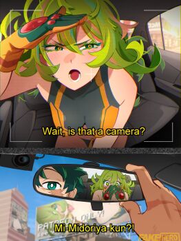 1boy 1girl 2koma absurdres billboard blue_sky boku_no_hero_academia breasts bright_pupils car_interior censored censored_by_text comic commentary day english_commentary english_text fake_taxi gloves green_eyes green_hair hagakure_toru half-closed_eyes hanging_breasts highres khyle khyle. leaning_forward long_hair looking_at_viewer lower_teeth_only midoriya_izuku open_mouth orange_gloves rear-view_mirror scar sky star-shaped_pupils star_(symbol) subtitled symbol-shaped_pupils teeth white_pupils