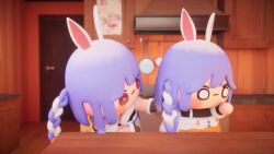 2girls 3d animal_ears animated apron audible_speech blue_hair blush braid braided_ponytail carrot chibi day hololive hug indoors japanese_audio kitchen miriwa multicolored_hair multiple_girls pekomama pekomon_(usada_pekora) rabbit_ears side_braid smile sound streamer_audio table two-tone_hair usada_pekora video virtual_youtuber