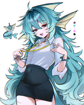  1girl absurdres animal_ears aqua_hair artist_name black_eyes black_skirt collared_shirt commentary_request covered_navel cowboy_shot dot_nose fins gen_1_pokemon hair_between_eyes half-closed_eyes haze_(7h4ze) head_fins highres id_card lanyard long_hair looking_at_viewer nintendo office_lady open_mouth original pencil_skirt personification pokemon pokemon_(creature) reference_inset shirt simple_background skirt vaporeon white_background white_shirt 
