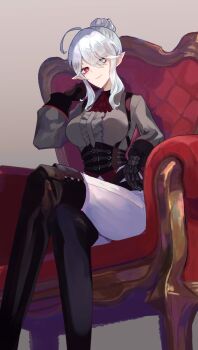  1girl ahoge black_gauntlets black_gloves boots breasts closed_mouth crossed_legs gauntlets general_geega general_geega_(inquisitor) gloves grey_hair grey_shirt hair_bun heterochromia highres large_breasts long_sleeves looking_at_viewer miei pants pointy_ears red_eyes shirt sidelocks single_gauntlet sitting suspenders thigh_boots underbust virtual_youtuber vshojo 