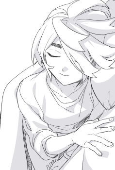  1boy bed bed_sheet blanket closed_eyes closed_mouth commentary_request greyscale hair_over_one_eye highres kieran_(pokemon) long_sleeves lying male_focus mole mole_on_neck monochrome naruse_makoto nintendo on_bed on_side one_eye_covered pillow pokemon short_hair sideways sketch sleeping solo under_covers upper_body 