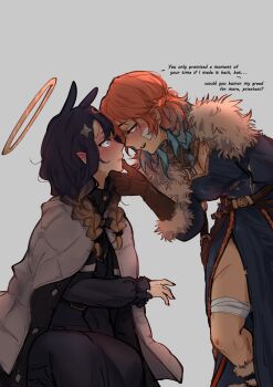  2girls absurdres bandage_on_face bandaged_leg bandages belt blue_eyes blush cloak coat earrings english_text feather_earrings feathers fur-trimmed_coat fur_trim gradient_hair halo highres hololive hololive_english jewelry long_hair multicolored_hair multiple_girls ninomae_ina'nis orange_hair pointy_ears purple_hair rei_(_silvertone) scar takanashi_kiara virtual_youtuber yuri 