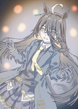 1girl absurdres ahoge animal_ears black_choker black_coat black_gloves black_hair black_shirt black_skirt choker coat collared_shirt commentary_request ear_tag earrings gentiano815 gloves hair_between_eyes highres horse_ears horse_girl horse_tail jewelry long_bangs long_hair long_hair_between_eyes long_sleeves looking_at_viewer manhattan_cafe_(creeping_shadow)_(umamusume) manhattan_cafe_(umamusume) multicolored_hair necktie open_mouth shirt single_earring skirt smile solo tail umamusume white_hair yellow_eyes yellow_necktie 