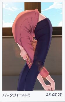  1girl absurdres ass backbend black_pantyhose blonde_hair border cloud commentary contortion contortiong covered_eyes dated day exercising feet_out_of_frame flexible from_side highres indoors lens_flare long_sleeves midriff_peek open_mouth original pantyhose pantylines pink_shirt shirt solo standing stretching translation_request white_border window 