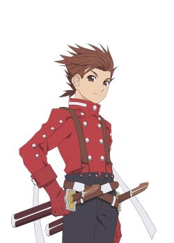  1boy artist_request belt black_pants brown_belt brown_eyes brown_hair commentary cowboy_shot game_cg gloves high_collar holding holding_sword holding_weapon lloyd_irving looking_at_viewer male_focus multiple_belts official_art pants red_gloves red_shirt sheath sheathed shirt short_hair smile solo spiked_hair standing suspenders sword tales_of_(series) tales_of_asteria tales_of_symphonia third-party_source transparent_background weapon 