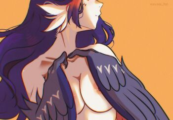  1girl absurdres animal_ears bird_ears black_hair black_wings breasts claws commentary eyes_out_of_frame feathered_wings harpy head_out_of_frame highres large_breasts long_hair monster_girl nipples nude orange_background original simple_background solo twitter_username unreal_fish winged_arms wings 