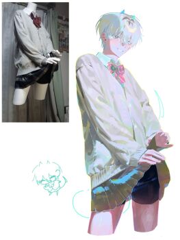  1boy blue_eyes blush bow bowtie buttons cardigan chibi chibi_inset clothes_lift collared_shirt commentary_request cropped_legs crossdressing crossdressing_(mtf) highres horns korean_commentary looking_at_viewer male_focus original pma4g reference_inset shirt short_hair shorts shorts_under_skirt skirt skirt_lift smile solo tail thighs white_hair white_shirt 