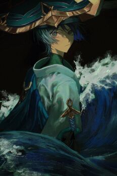  1boy black_background black_bodysuit blue_cape blue_hat blunt_ends bodysuit cape closed_mouth from_side genshin_impact hat highres japanese_clothes jingasa kimono looking_at_viewer male_focus oversleep0503 purple_eyes purple_hair purple_rope redrawn rope scaramouche_(genshin_impact) simple_background solo wanderer_(genshin_impact) waves white_kimono 