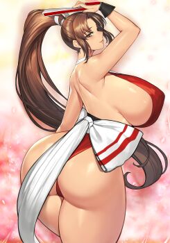  1girl ass breasts fatal_fury gurimjang highres huge_ass huge_breasts japanese_clothes long_hair looking_back ponytail shiranui_mai the_king_of_fighters thick_thighs thighs thong wide_hips  rating:Questionable score:23 user:jojosstand