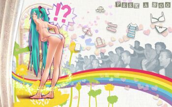  !? 1girl aqua_eyes aqua_hair ass bag barefoot bikini bow bow_panties bra bucket_hat feet flower gaijin_4koma_(meme) hat hatsune_miku heart highres legs lingerie long_hair looking_back lotus meme panties plant pointing rainbow rainbow_path slippers sparkle strap_gap striped swimsuit toes towel twintails umbrella underwear underwear_only unworn_bra unworn_panties very_long_hair vocaloid white_bra white_panties window wokada 
