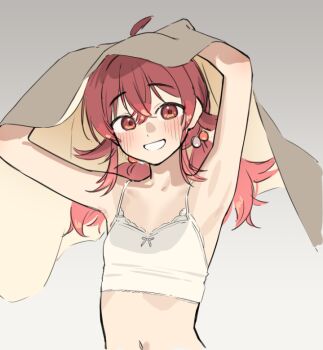  1girl ahoge armpits breasts camisole commentary_request grey_hair grin hair_bobbles hair_ornament idolmaster idolmaster_shiny_colors komiya_kaho long_hair low_twintails navel red_eyes red_hair saragebu simple_background small_breasts smile twintails white_camisole  rating:Sensitive score:2 user:danbooru