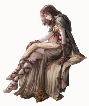  1girl bandaged_arm bandages brown_gloves brown_hair cape crossed_legs dark_souls_(series) dark_souls_ii emerald_herald full_body gloves green_cape highres hood hooded_cape long_hair mabotnb signature simple_background sitting solo white_background 