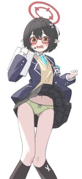  1girl absurdres aqua_necktie ayane_(blue_archive) black_hair blazer blue_archive blue_jacket blush bow bow_panties clothes_lift commentary crotch_seam double-parted_bangs embarrassed feet_out_of_frame glasses gluteal_fold green_panties grey_skirt hair_intakes halo hands_up headset highres holding id_card jacket knees_together_feet_apart layered_sleeves long_sleeves looking_at_viewer miniskirt navel necktie nokde open_clothes open_jacket open_mouth panties pantyshot plaid_clothes plaid_skirt pointy_ears raised_inner_eyebrows red-framed_eyewear red_eyes red_halo short_hair simple_background skirt skirt_lift small_sweatdrop solo standing sweater underwear v-neck white_background wind wind_lift wing_collar yellow_sweater 