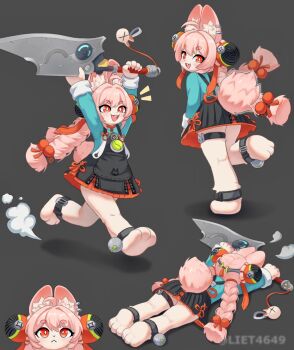  1girl :< ahoge animal_ear_fluff animal_ear_piercing animal_ears animal_feet anklet arms_up black_dress braid braided_twintails bright_pupils closed_mouth commentary dress english_commentary from_behind furry furry_female green_shirt grey_background hair_ornament highres holding holding_sword holding_weapon jewelry leg_up liet4649 long_hair looking_at_viewer looking_back lying multiple_views on_stomach open_mouth pinafore_dress pink_fur pink_hair rabbit_ears rabbit_girl rabbit_tail running screw shadow shirt short_eyebrows simple_background sleeveless sleeveless_dress sphere_hair_ornament sword tail teeth thick_eyebrows thigh_strap twitter_username upper_teeth_only weapon white_pupils zenless_zone_zero zhao_(zenless_zone_zero) 