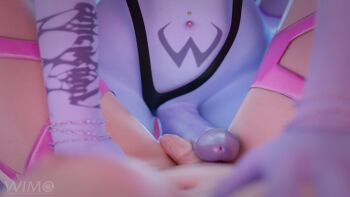  2girls 3d arm_tattoo blurry bracelet breasts colored_skin commentary d.va_(overwatch) depth_of_field english_commentary futa_with_futa futanari grabbing_another's_breast groping head_out_of_frame highres jewelry lying multiple_girls navel navel_piercing nipples on_back overwatch penis penis_size_difference penises_touching piercing pov pov_breasts purple_skin spread_legs tattoo uncensored variant_set widowmaker_(overwatch) winterismyown3d 