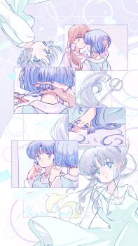  2girls absurdres blue_eyes blue_hair brown_eyes brown_hair character_name closed_mouth commentary_request cutting_another's_hair cutting_hair dot_mouth dress en_0410 green_dress grey_hair hand_in_another's_hair highres low_ponytail multiple_girls pale_skin ponytail ranma_1/2 scissors siblings side_ponytail sisters tendou_akane tendou_kasumi 