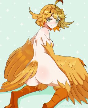  1girl absurdres ahoge anus ass bird_legs bird_tail blonde_hair blush breasts claws commentary dokibird feathers green_eyes hair_between_eyes hair_ornament harpy highres indie_virtual_youtuber long_hair looking_at_viewer monster_girl monsterification nipples pussy slit_pupils smile solo tail unreal_fish virtual_youtuber winged_arms wings yellow_feathers yellow_wings 