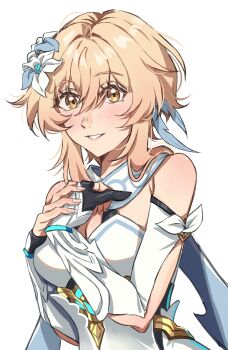  1girl absurdres arm_armor bare_shoulders black_gloves blonde_hair breasts cleavage commentary detached_sleeves dintoge dress feather_hair_ornament feathers flower genshin_impact gloves hair_between_eyes hair_flower hair_ornament hands_on_own_chest hands_up highres looking_at_viewer lumine_(genshin_impact) medium_breasts own_hands_clasped own_hands_together parted_lips partially_fingerless_gloves simple_background smile solo untranslatable_commentary upper_body white_background white_dress yellow_eyes 