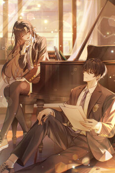  1boy 1girl absurdres black_hair black_jacket black_thighhighs blazer blue_necktie breasts closed_mouth collared_shirt commentary_request evening facing_another hair_between_eyes hair_ribbon highres holding holding_paper holding_pen indoors jacket knee_up korean_commentary long_hair looking_at_another medium_breasts necktie novel_illustration official_art open_mouth original paper pen ribbon school_uniform shirt sitting smile thighhighs white_ribbon white_shirt yellow_eyes yuhaw0v0 