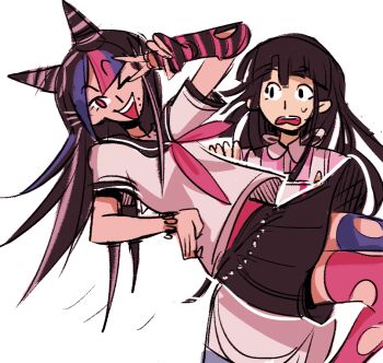  >_o 2girls apron black_hair black_sailor_collar blue_hair blue_streaks collared_shirt commentary danganronpa_(series) danganronpa_2:_goodbye_despair elbow_gloves english_commentary eyelashes face_piercing fan_request fingerless_gloves gloves hair_horns hand_on_own_hip long_hair mioda_ibuki mouth_piercing multicolored_hair multiple_girls mutie_(timestables) neckerchief one_eye_closed open_mouth outline piercing pink_eyes pink_hair pink_neckerchief pink_shirt pink_streaks sailor_collar school_uniform serafuku shirt short_sleeves simple_background single_elbow_glove single_fingerless_glove smile streaked_hair striped_clothes striped_gloves sweatdrop teeth tsumiki_mikan tumblr_ask upper_teeth_only white_apron white_background white_hair white_outline white_shirt 