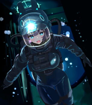 1girl air_bubble alternate_costume animal_ears aqua_eyes aqua_halo black_gloves black_hair blue_archive blunt_bangs blurry blurry_background blush breasts bright_pupils bubble commentary cowboy_shot diving diving_helmet diving_suit dry_suit dutch_angle fake_animal_ears film_grain flashlight frogman gloves hair_between_eyes halo helmet highres large_breasts long_sleeves looking_at_viewer open_mouth rabbit_ears saki_(blue_archive) short_hair signallerc solo sweatdrop untranslatable_commentary thigh_gap underwater v-shaped_eyebrows white_pupils