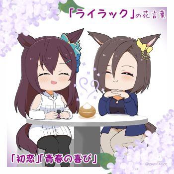  2girls :d air_groove_(casual)_(umamusume) air_groove_(umamusume) animal_ears black_pantyhose black_shirt blue_bow blue_jacket blush bow breasts brown_hair brown_pants capriccyo chibi closed_eyes closed_mouth commentary_request dress ear_bow eyes_visible_through_hair hair_between_eyes hair_ornament hairclip highres horse_ears horse_girl horse_tail interlocked_fingers jacket long_hair medium_breasts mejiro_dober_(casual)_(umamusume) mejiro_dober_(umamusume) multiple_girls open_clothes open_jacket open_mouth own_hands_together pants pantyhose shirt sitting smile table tail translation_request twitter_username umamusume very_long_hair white_dress yellow_bow 