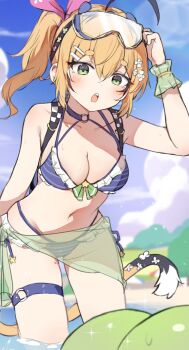  1girl ahoge bikini black_streaks blonde_hair blue_bikini blue_sky breasts cleavage cloud commentary dooby_(summer) dooby eyewear_on_head green_eyes green_sarong halterneck highres indie_virtual_youtuber jerboa_tail kippu_(dooby) large_breasts navel o-ring o-ring_thigh_strap official_alternate_costume official_alternate_hairstyle orobou outdoors sarong side-tie_bikini_bottom side_ponytail sky solo string_bikini swimsuit symbol-only_commentary thigh_strap virtual_youtuber  rating:Sensitive score:4 user:danbooru