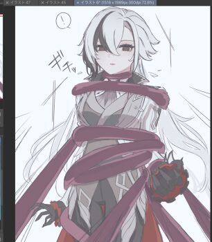 ! 1girl arlecchino_(genshin_impact) black_gloves black_hair breasts genshin_impact gloves grey_jacket greyscale hair_between_eyes highres jacket long_hair medium_breasts monochrome multicolored_eyes multicolored_hair red_gloves reg_ch3 tentacle_with_hand tentacles white_hair