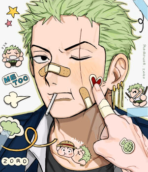  2boys bandaid bandaid_on_cheek bandaid_on_face bandaid_on_nose blush character_name chibi chibi_inset closed_mouth collarbone commentary earrings finger_to_another's_cheek gold_earrings green_hair hat highres jewelry jjerri00 kiss kissing_cheek male_focus monkey_d._luffy mouth_hold multiple_boys multiple_earrings one_eye_closed one_piece puff_of_air roronoa_zoro scar scar_across_eye scar_on_face short_hair star_(symbol) straw_hat symbol-only_commentary upper_body yaoi zzz 