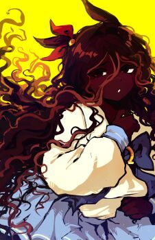  1girl animal_ears blairevt blue_bow blue_bowtie blue_skirt bow bowtie brown_eyes brown_hair commentary cowboy_shot curly_hair dark-skinned_female dark_skin ear_bow english_commentary friesian_horse_girl hair_between_eyes hair_intakes hand_on_own_chest highres horse_ears horseshoe long_bangs long_hair long_sleeves open_mouth original pleated_skirt red_bow sailor_collar sailor_shirt school_uniform serafuku shirt simple_background skirt solo tracen_school_uniform umamusume very_long_hair white_shirt yellow_background 