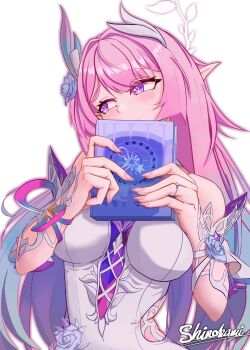  1girl absurdres aqua_hair artist_name as_i've_written_(honkai:_star_rail) bare_shoulders bilingual_commentary book breasts commentary cyrene_(demiurge)_(honkai:_star_rail) cyrene_(honkai:_star_rail) diamond-shaped_pupils diamond_(shape) english_commentary flower hair_flower hair_ornament haoyitay highres holding holding_book honkai:_star_rail honkai_(series) large_breasts long_hair mixed-language_commentary multicolored_hair pink_hair pointy_ears purple_eyes simple_background symbol-shaped_pupils two-tone_hair very_long_hair white_background 