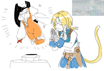 1boy 1girl black_hair blonde_hair breasts closed_eyes final_fantasy final_fantasy_ix garnet_til_alexandros_xvii gloves gun head_out_of_frame jewelry large_breasts legs meme monkey_tail necklace own_hands_together pants praying short_hair sketch smile square_enix tail thighs thinking weapon wide-eyed zidane_tribal