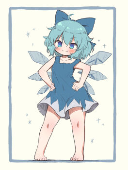  1girl aqua_hair arinu barefoot blue_bow blue_dress blue_eyes bow breasts cirno closed_mouth collarbone detached_wings dress full_body hair_bow hands_on_own_hips highres ice ice_wings looking_at_viewer short_hair sleeveless sleeveless_dress smile solo touhou wings 
