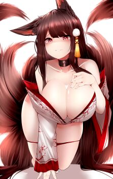  absurdres akagi_(azur_lane) akagi_(deep_crimson_poppy)_(azur_lane) all_fours animal_ear_fluff animal_ears areola_slip assertive_female azur_lane bare_shoulders blunt_bangs blush breasts brown_hair choker cleavage collarbone curvy fox_ears fox_girl fox_tail hair_ornament hand_on_own_chest heart heart-shaped_pupils highres huge_breasts japanese_clothes kimono kitsune kyuubi large_breasts lip_biting long_hair looking_at_viewer low_neckline multiple_tails off_shoulder official_alternate_costume panties panty_pull red_eyes red_panties revealing_clothes samip shaded_face shiny_skin sidelocks skindentation smile symbol-shaped_pupils tail thick_thighs thighs underwear very_long_hair wide_hips  rating:Questionable score:85 user:Oppai_chan