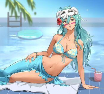  1girl alternate_eye_color bare_shoulders bikini bleach bracelet breasts cleavage collarbone deadman70232800 espada facial_mark flower flower_on_head green_hair hair_flower hair_ornament highres hollow_mask innertube jewelry large_breasts long_hair mask mask_on_head navel nelliel_tu_odelschwanck palm_leaf parted_lips pool poolside sarong sitting skull_on_head solo stomach swim_ring swimsuit water 