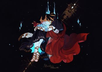  1boy artist_name black_background black_hood black_robe closed_eyes commentary crystal_exarch english_commentary final_fantasy final_fantasy_xiv floating full_body g'raha_tia gladiator_sandals gold_trim hair_between_eyes highres holding holding_staff hood hood_up hugging_own_legs male_focus mdawn95 miqo'te red_hair red_robe robe sandals short_hair solo staff two-tone_robe 