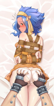 1boy 1girl @_@ arm_piercing arms_behind_back ass back_tattoo bare_shoulders bdsm bed bed_sheet blue_hair blush bondage bound bound_arms bound_breasts bound_torso brass_knuckles breast_bondage breasts brown_eyes butt_crack clenched_hand clenched_hands commission commissioner_upload detached_sleeves dress embarrassed fairy_tail female_focus fingerless_gloves gajeel_redfox gloves grabbing_another's_ass groping hair_ornament hair_ribbon lace_trim levy_mcgarden looking_at_another looking_at_viewer looking_back lying medium_hair messy_hair on_stomach open_mouth out_of_frame out_of_frame_male panties pants parted_lips perky_breasts piercing red_tattoo ribbon rope shibari shibari_over_clothes short_dress short_hair size_difference skin_tight skindentation small_breasts solo_focus steaming_body strapless strapless_dress surprised sweat sweatdrop tattoo thigh_gap thighs underwear weapon white_background white_panties white_pants wrist_cuffs wristband yellow_dress yellow_ribbon yon_senpai