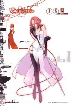  1girl absurdres black_thighhighs choker concept_art devil_survivor_(series) devil_survivor_1 downblouse dress elbow_gloves flat_chest gloves green_eyes harusawa_yoshino highres holding holding_microphone_stand microphone microphone_stand multiple_views off_shoulder official_art photoshop_(medium) red_hair short_hair shoulder_tattoo side_slit tattoo thighhighs wardrobe_malfunction white_dress yasuda_suzuhito 