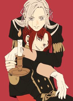  2girls arms_around_neck blonde_hair candle candlelight closed_mouth commentary_request couple edelgard_von_hresvelg expressionless fire fire_emblem fire_emblem:_three_houses garreg_mach_monastery_uniform gloves grin hair_ribbon hair_up hgus1128 highres holding hug hug_from_behind long_sleeves looking_at_viewer looking_to_the_side monica_von_ochs multiple_girls nintendo parted_lips purple_eyes purple_ribbon red_background red_eyes red_hair ribbon simple_background smile upper_body white_gloves yuri 