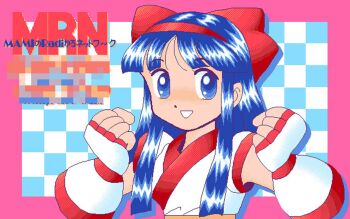  1girl ainu_clothes blue_eyes blue_hair breasts clenched_hands fingerless_gloves gloves hair_ribbon large_breasts long_hair looking_at_viewer nakoruru open_mouth pc98 ribbon samurai_spirits smile snk solo the_king_of_fighters 
