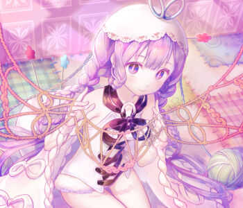  1girl absurdres blush braid daisan_oujo filuru flat_chest from_above hat highres holding holding_needle knitting_needle long_hair looking_at_viewer mahou_shoujo_ikusei_keikaku mahou_shoujo_ikusei_keikaku_jokers multiple_braids needle patchworks purple_eyes purple_hair shorts sitting sleeveless smile solo twintails very_long_hair yarn yarn_ball yume_kawaii 